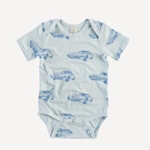 Kate Quinn | "Blue Cars" Bamboo short sleeve Kimono bodysuit | Size 6-12 Month